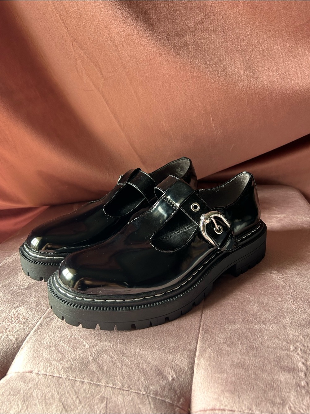Circus NY Women’s Black Patent Mary Jane Lug Sole Shoes with Buckle
